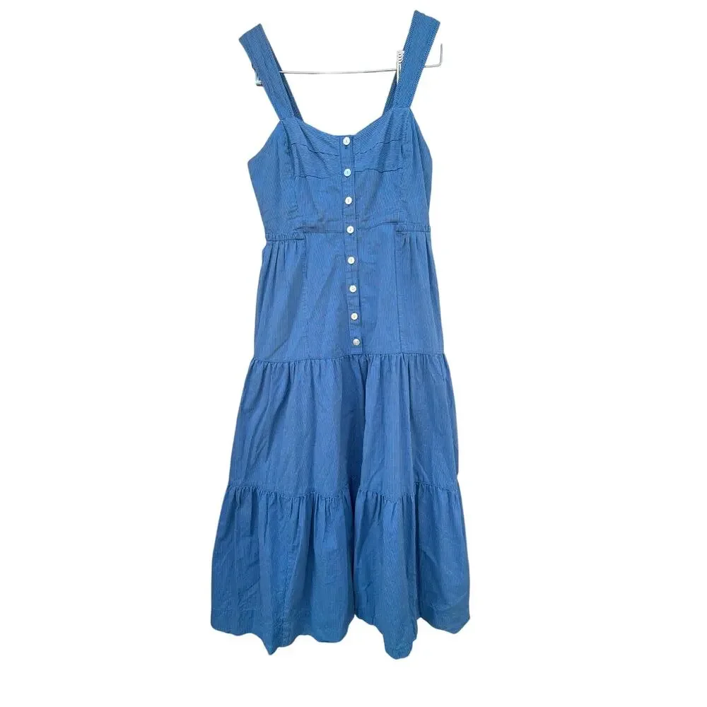 Madewell‎ Blue Striped Button-Front Tiered Midi Dress with Pockets size 0